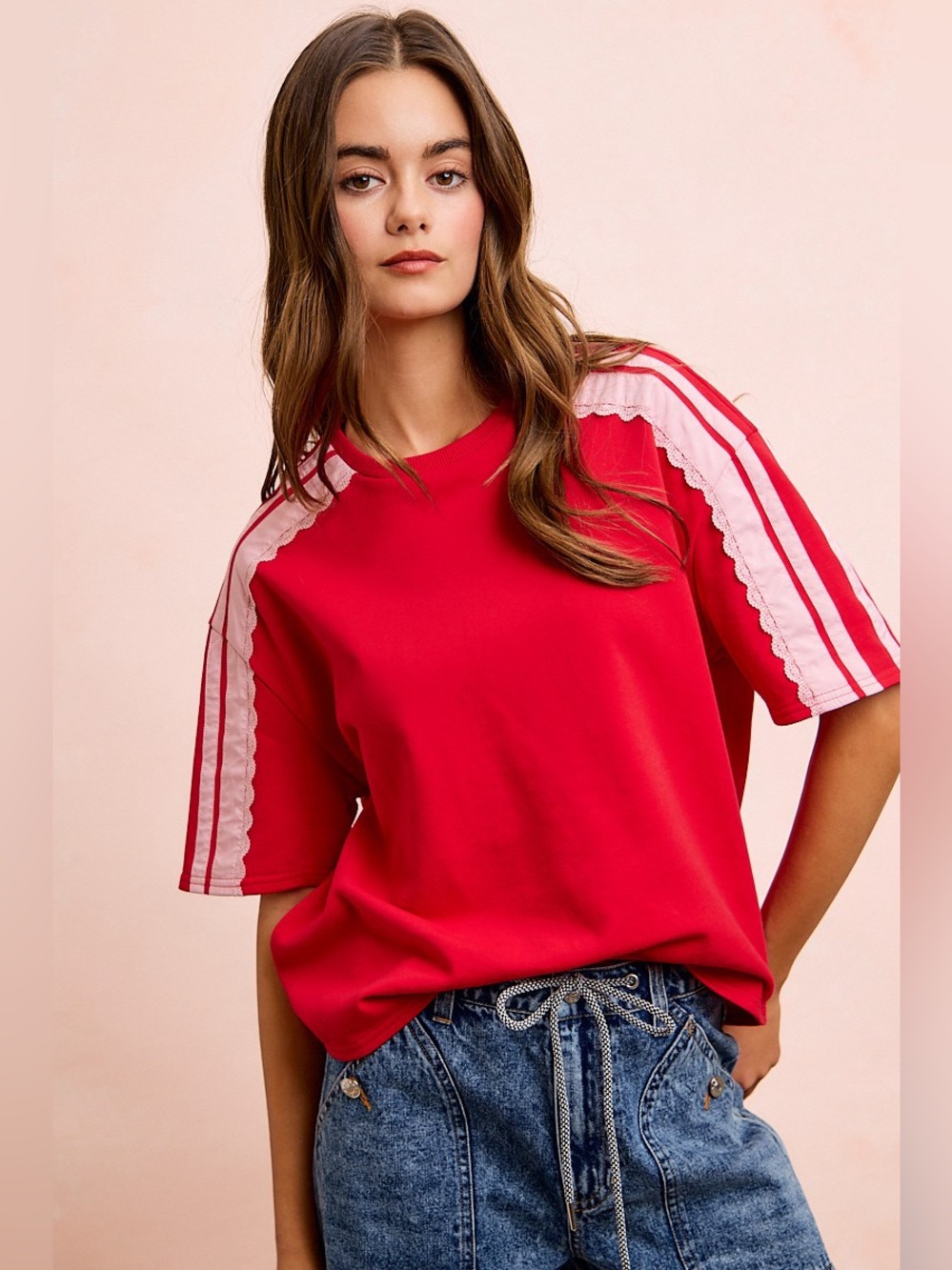 BiBi French Terry Side Lace Detail Short Sleeves Top - Picture 7 of 15